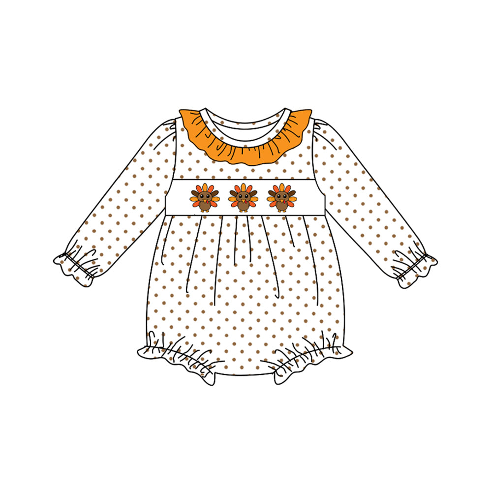 Long sleeves polka dots turkey baby girls Thanksgiving romper