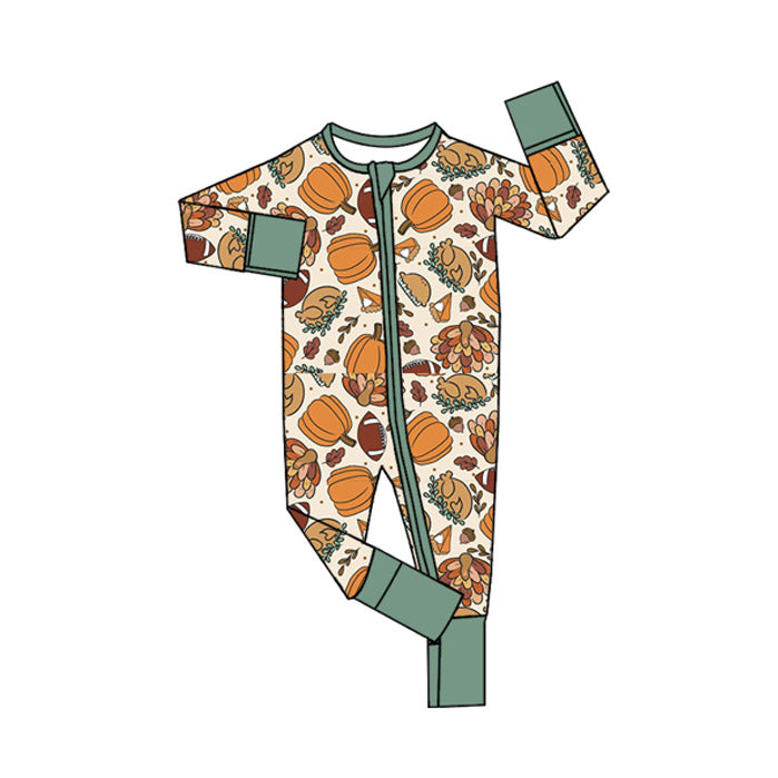 Long sleeves pumpkin football baby Thanksgiving zipper romper