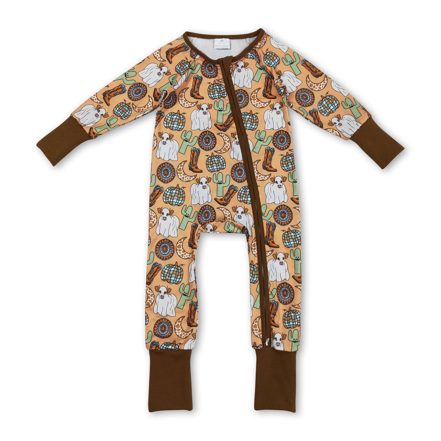 Cow cactus boots pumpkin western baby fall zipper romper