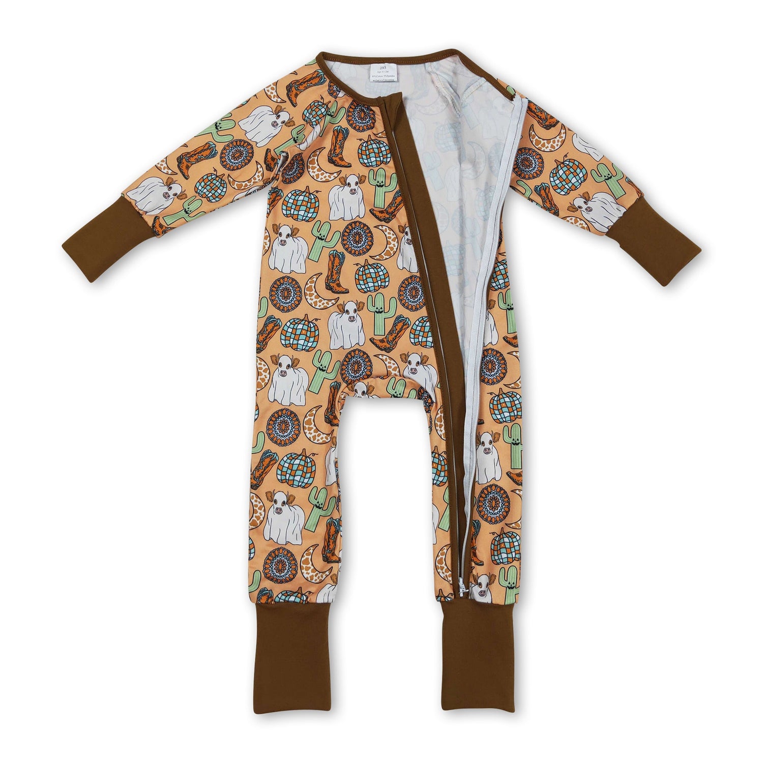 Cow cactus boots pumpkin western baby fall zipper romper