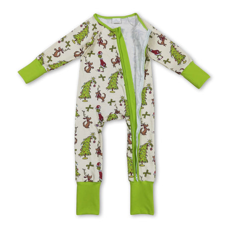 Green face bow Christmas tree baby girls zipper romper