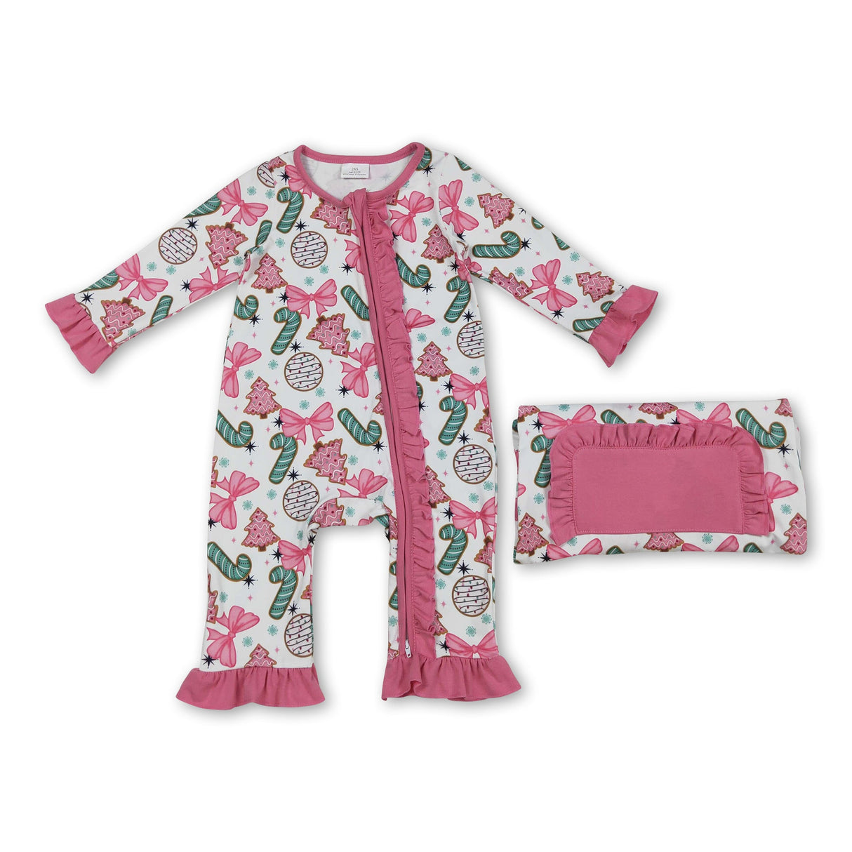 Long sleeves Christmas tree bow candy cane baby zip romper