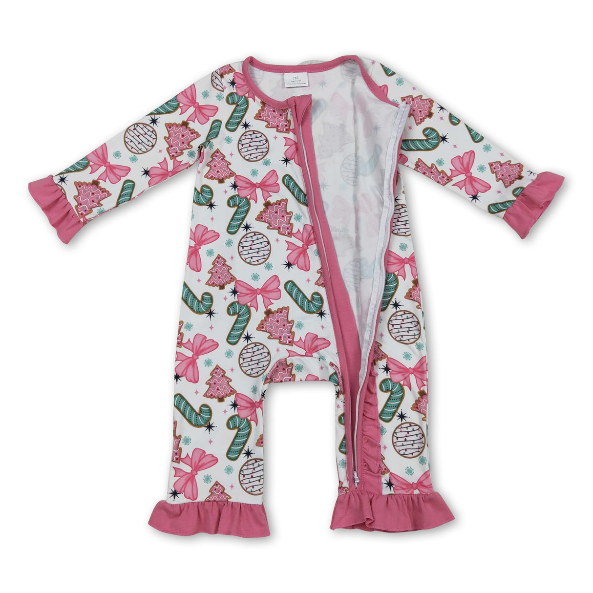 Long sleeves Christmas tree bow candy cane baby zip romper