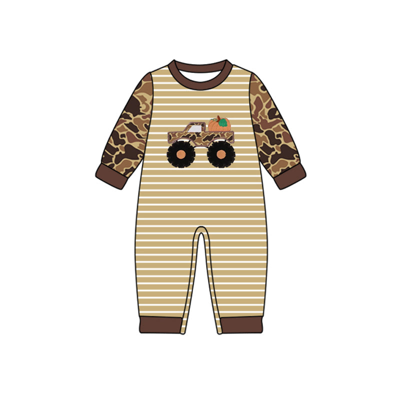 Camo long sleeves pumpkin tractor baby boy fall romper