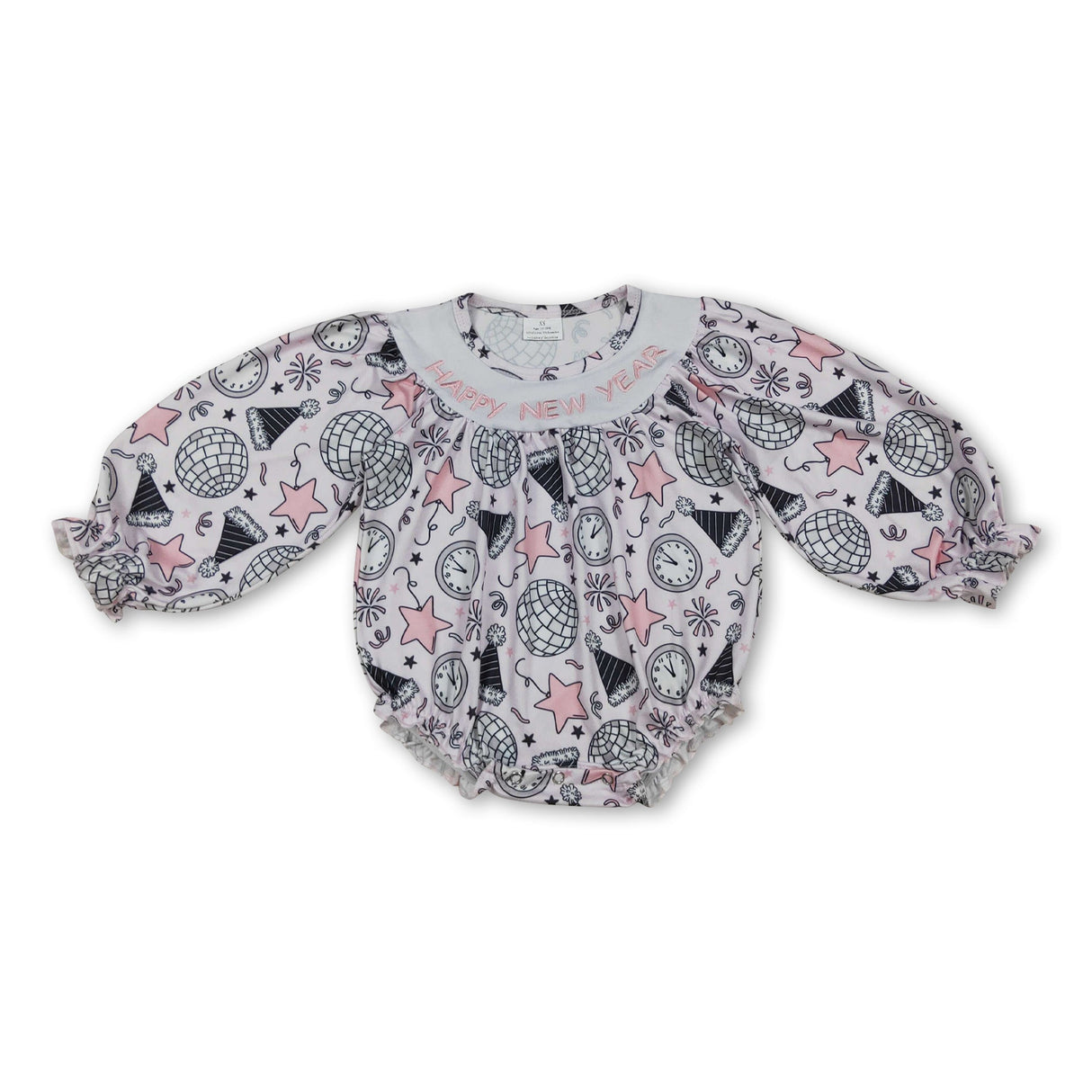 Long sleeves Happy New Year pink stars baby girls romper