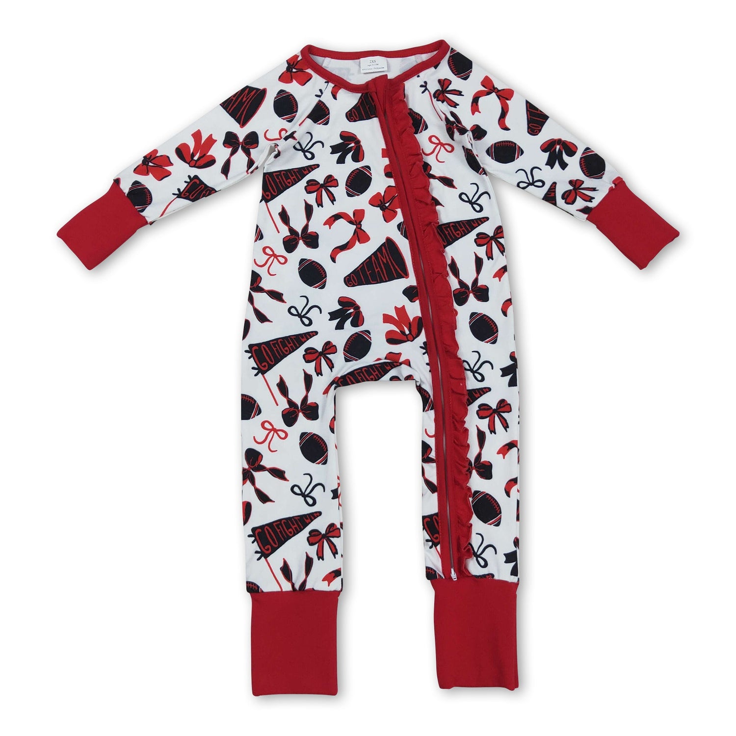 Long sleeves red ruffle bow football baby girls zipper romper