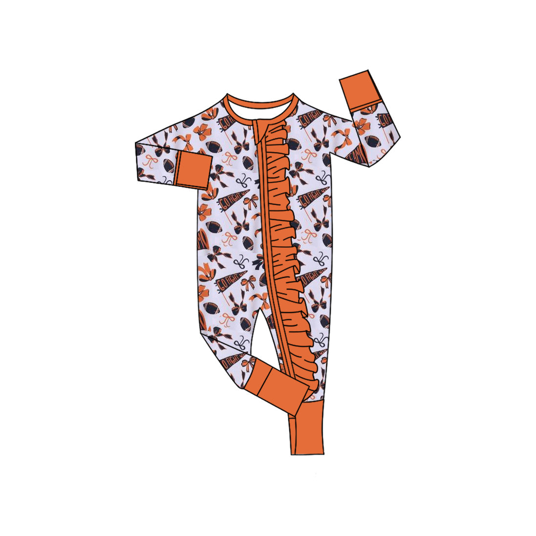Orange bow ruffle football baby girls team zipper romper