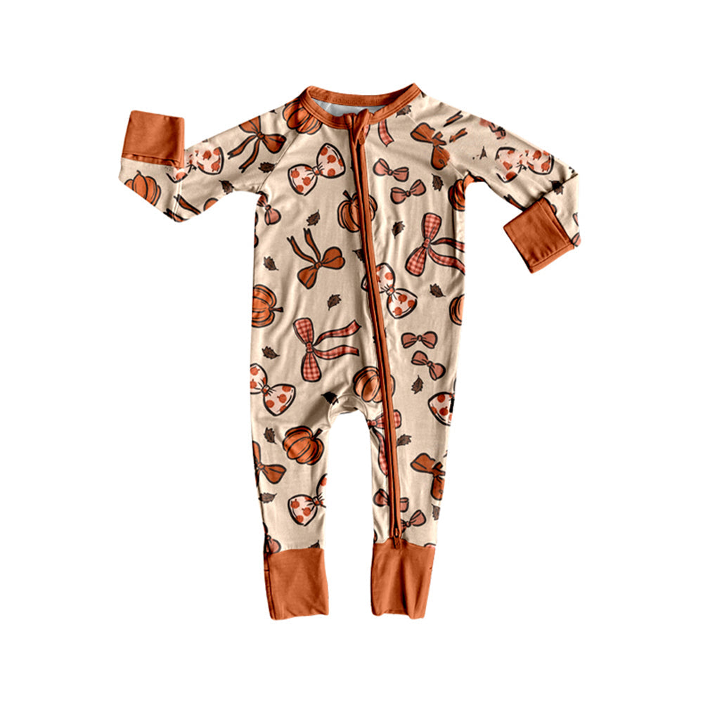 Long sleeves pumpkin bow baby girl fall zipper romper