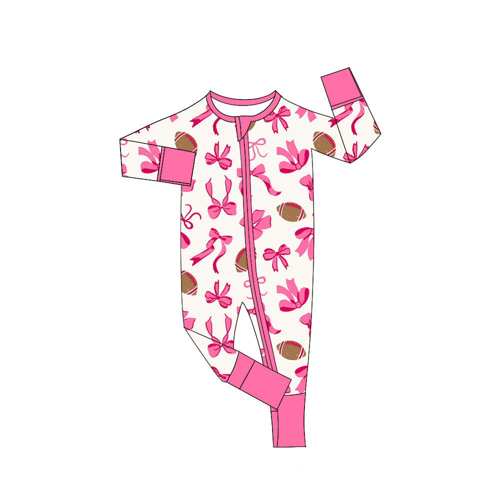 Long sleeves pink bow football baby girls zipper romper