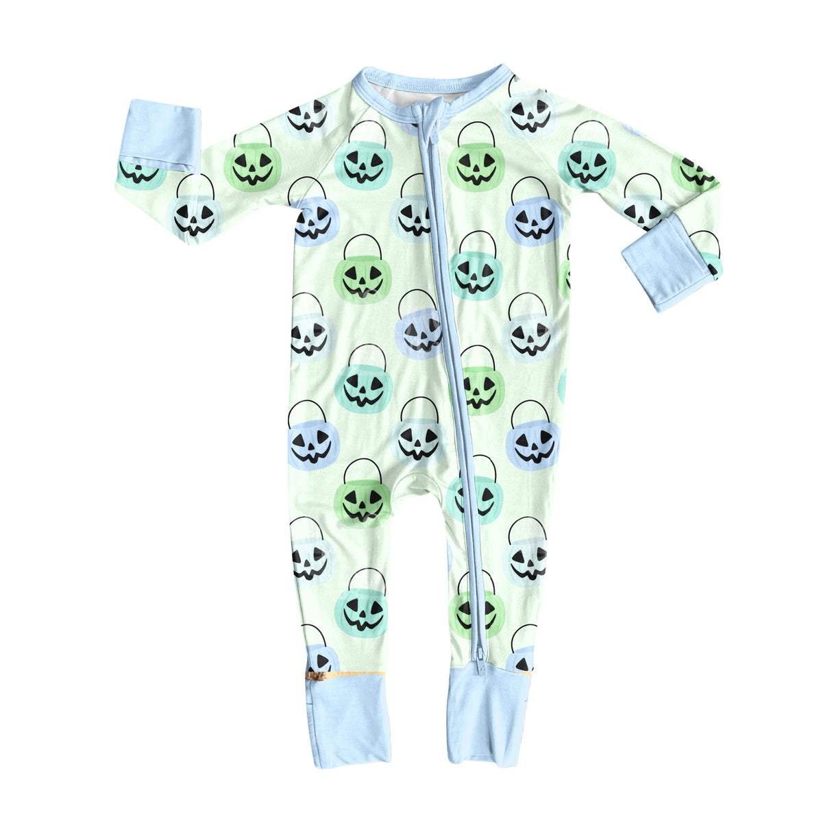 Light blue pumpkin basket baby boy Halloween zipper romper