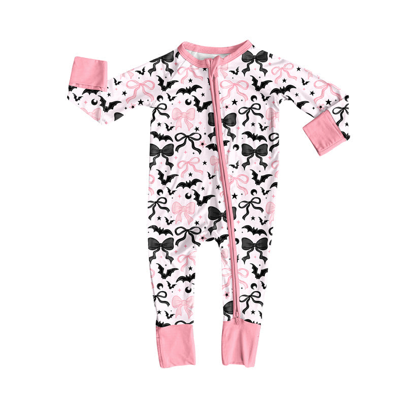 Black pink bow bat baby girls Halloween zipper romper