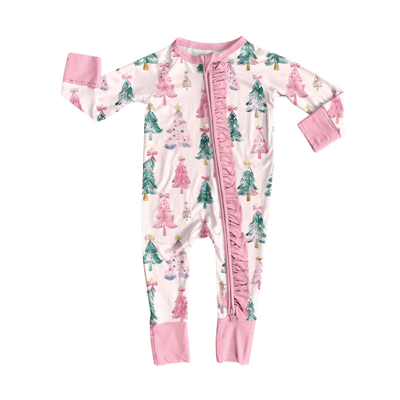 Long sleeves pink bow Christmas tree ruffle baby zipper romper