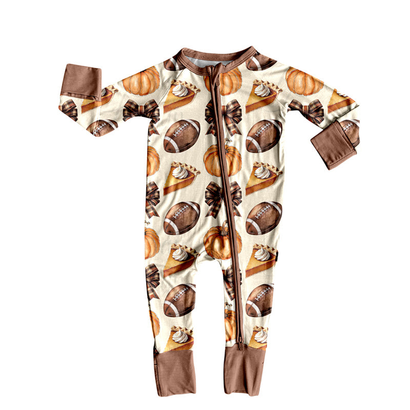Pumpkin pie football bow baby girls zipper romper