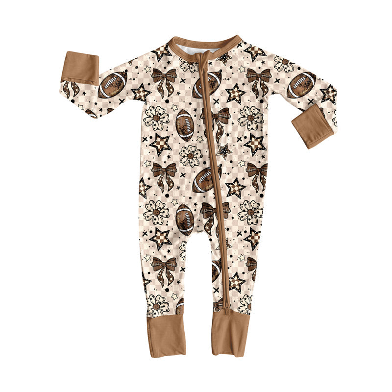 Long sleeves bow football floral baby girls zipper romper