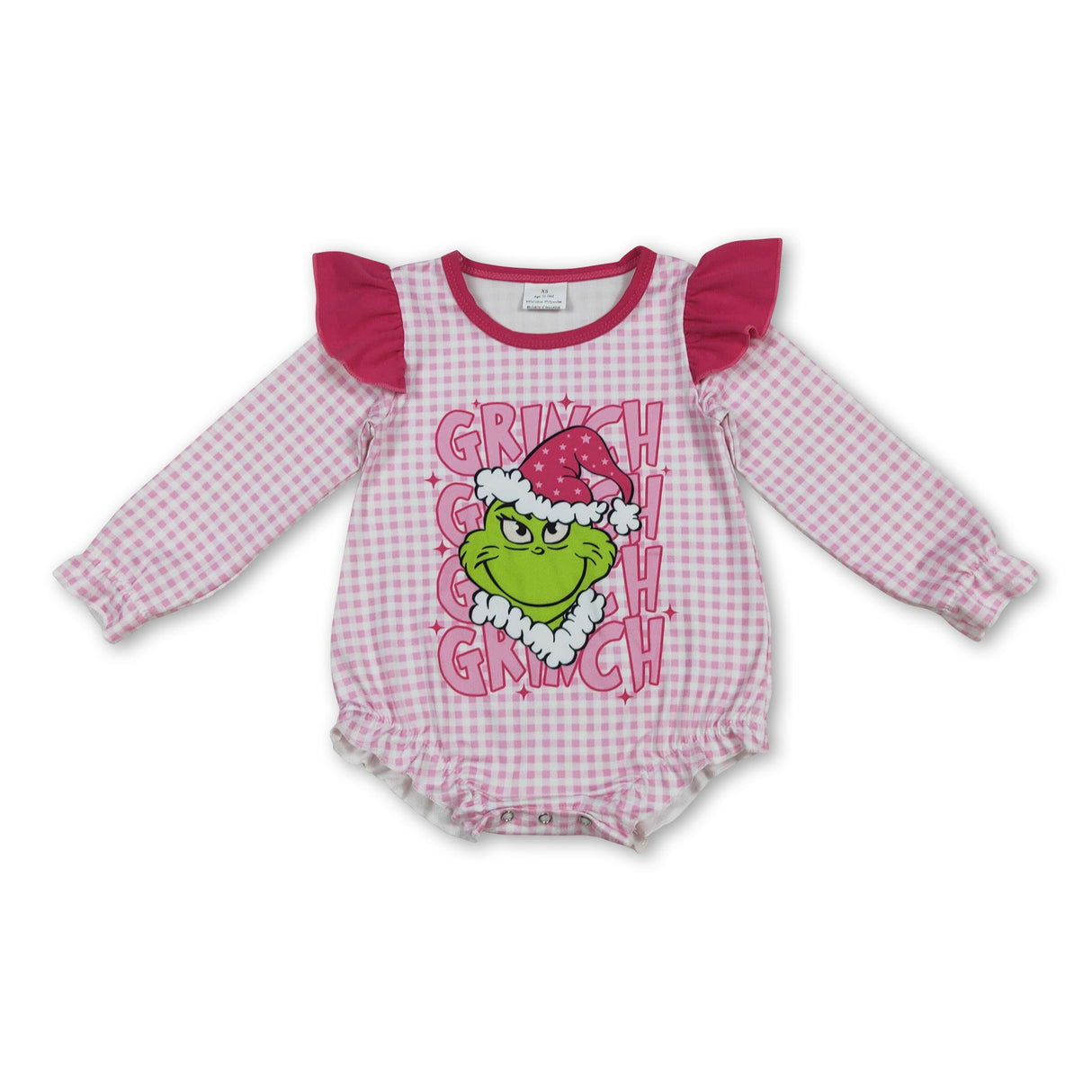 Long sleeves pink plaid green face girls Christmas romper