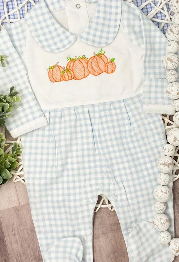 Long sleeves plaid pumpkin baby boy fall footed romper