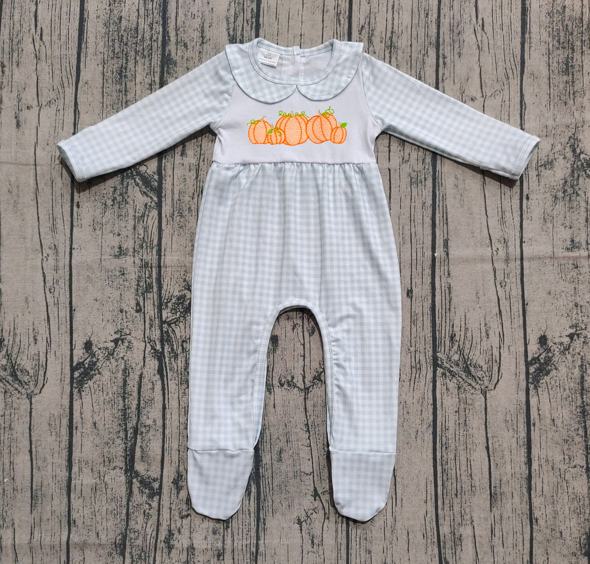 Long sleeves plaid pumpkin baby boy fall footed romper