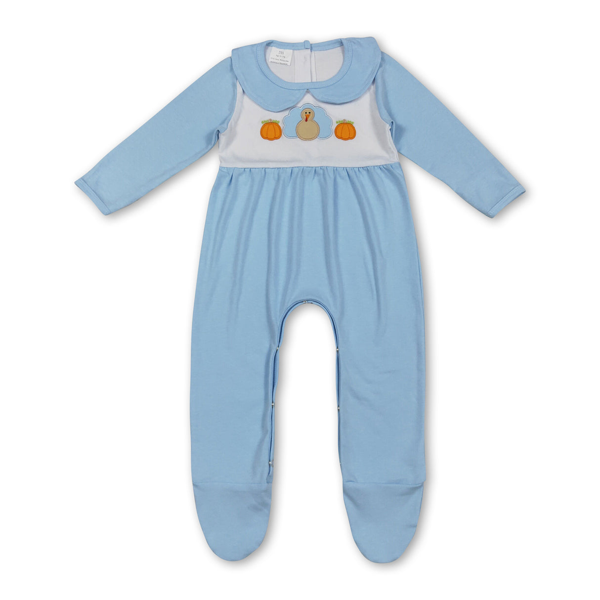 Light blue pumpkin turkey baby boy Thanksgiving footed romper