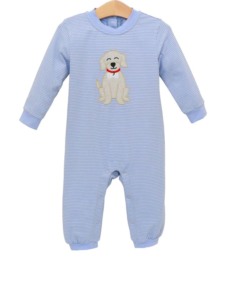 Light blue stripe long sleeves dog baby boy romper