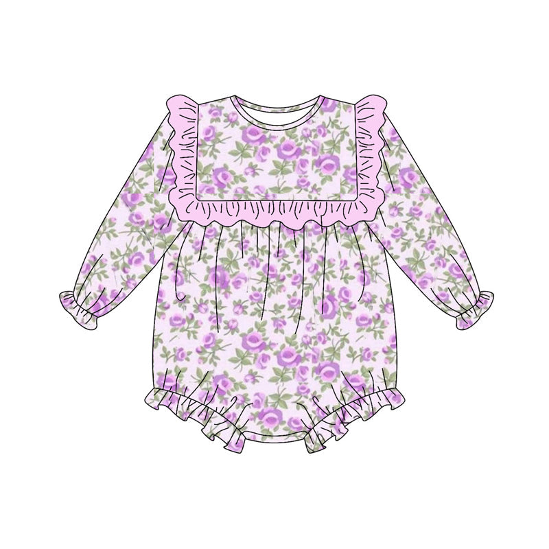 Long sleeves pink ruffle floral baby girls romper