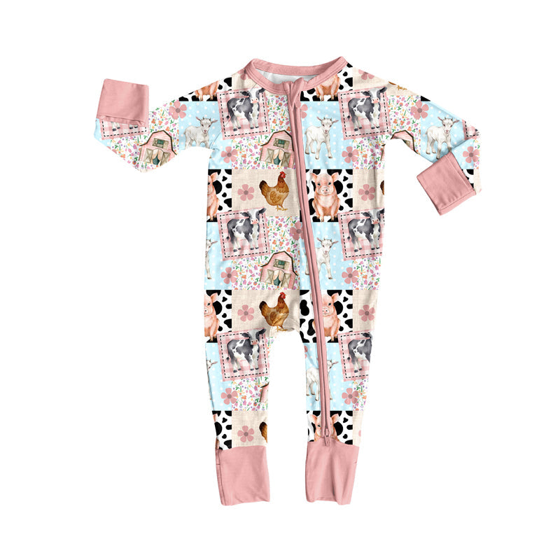 Pig cow chicken corn farm baby girl zipper romper