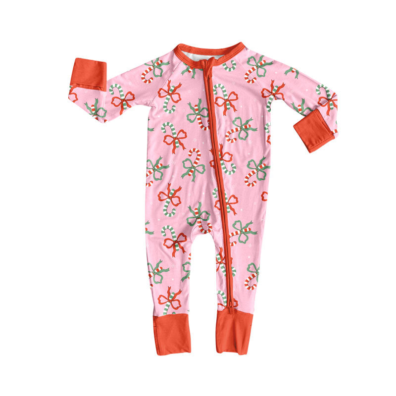 Candy cane bow baby girls zipper Christmas romper