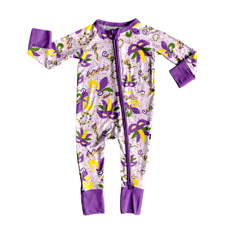 Long sleeves purple masks baby girls Mardi Gras romper
