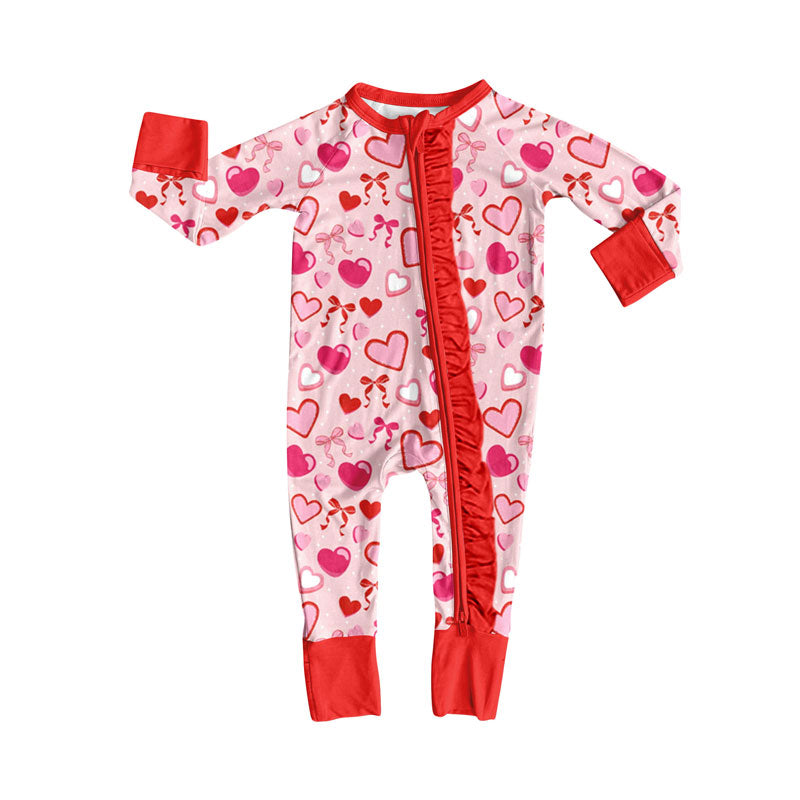 Pink bow heart baby girls Valentine's zipper romper