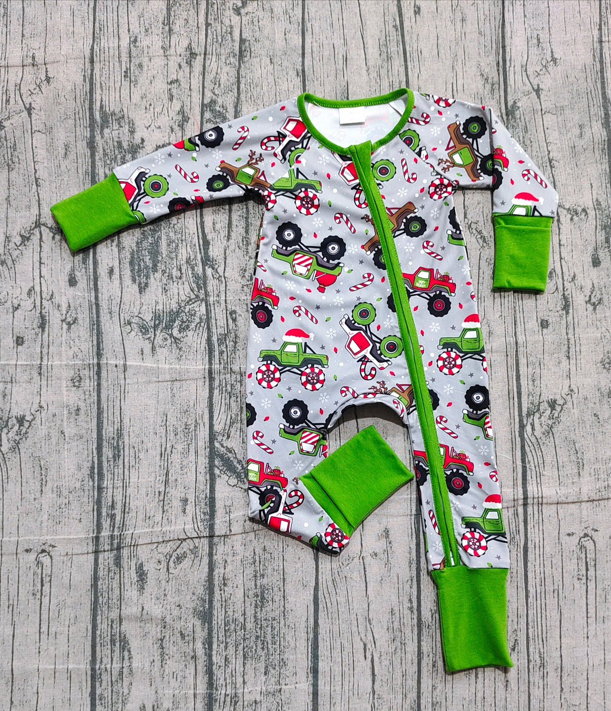 Green long sleeves Christmas hat truck baby boy zipper romper
