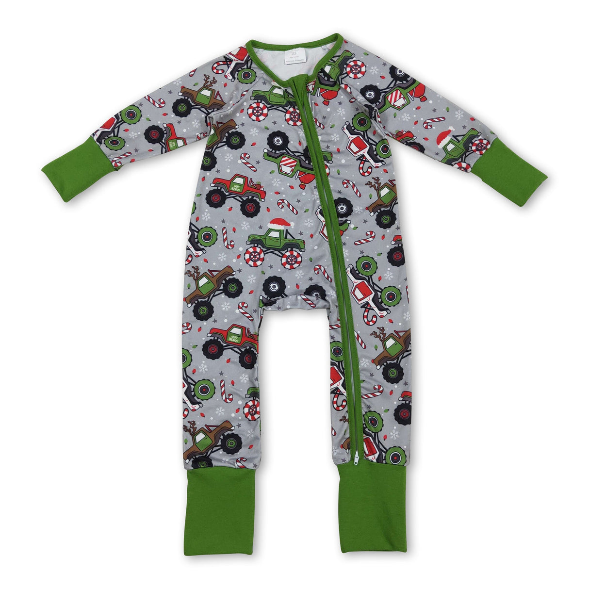 Green long sleeves Christmas hat truck baby boy zipper romper