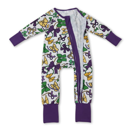 Purple green yellow bows baby Mardi Gras zipper romper