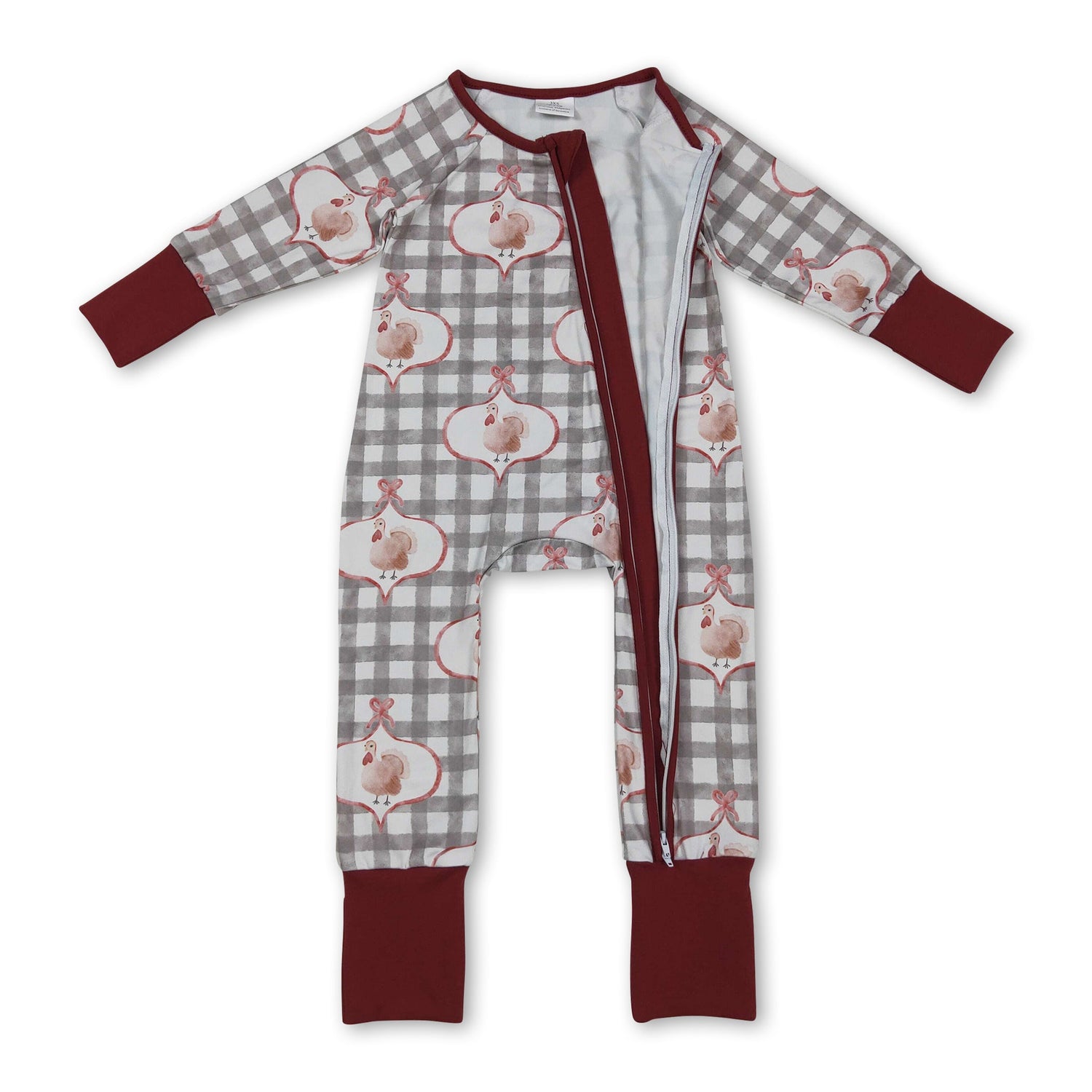 Turkey bow plaid baby girls Thanksgiving zipper romper