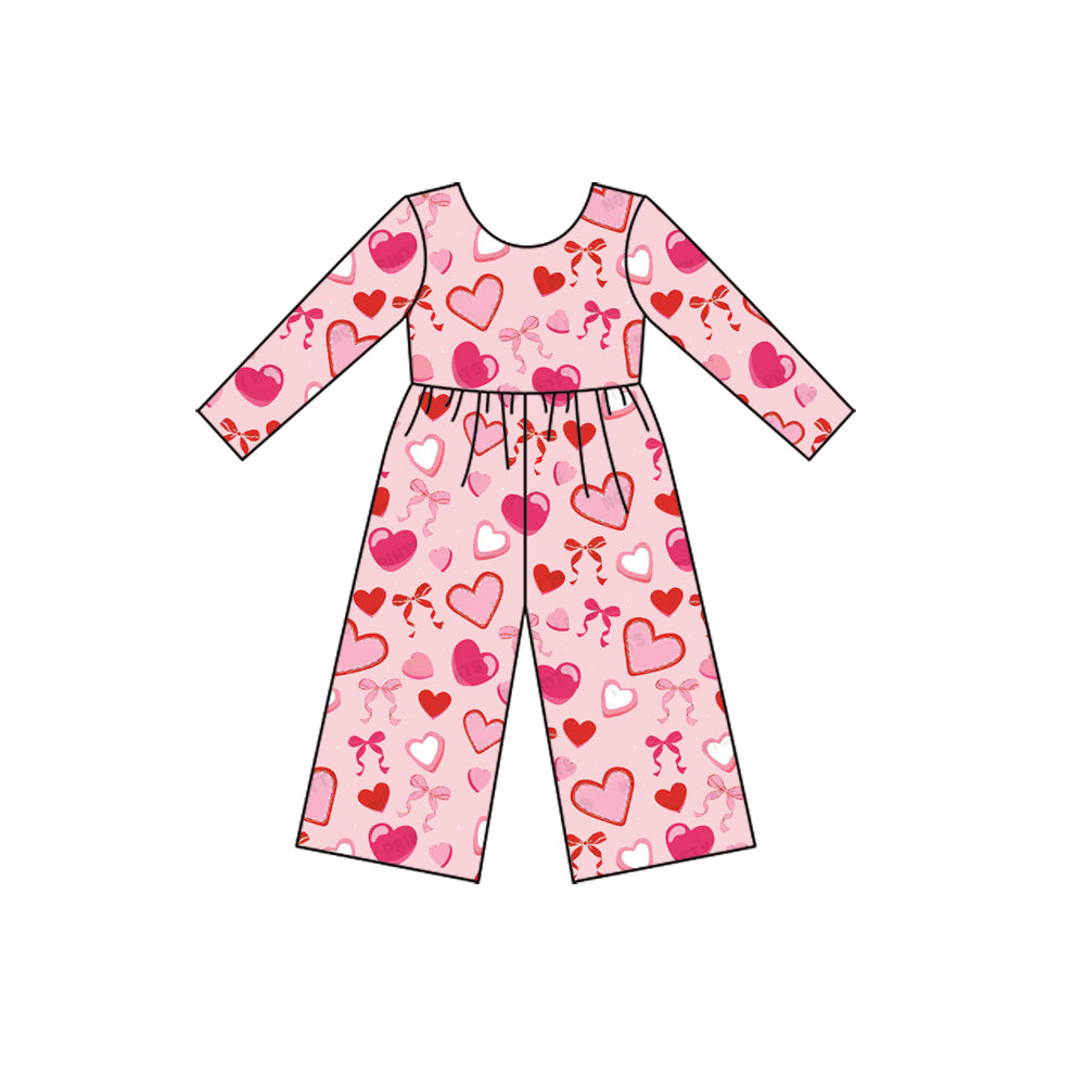 long sleeves valentine's pink bows heart kids girls jumpsuit
