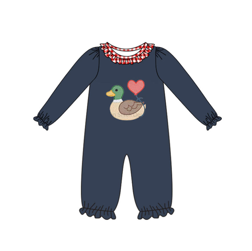 blue long sleeves valentine duck baby girl romper