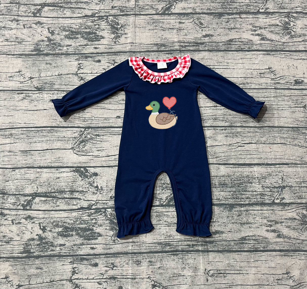 blue long sleeves valentine duck baby girl romper