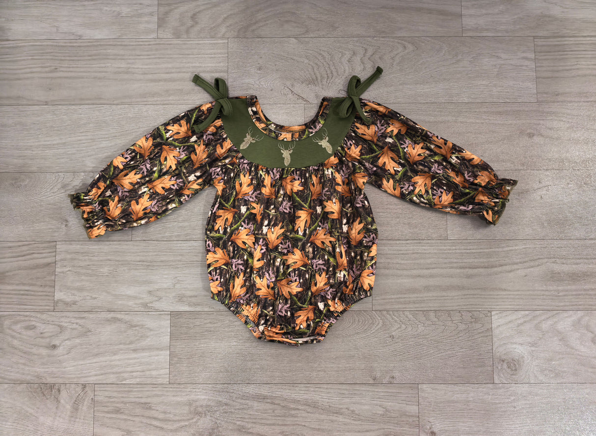 deer smock long sleeves leaves baby girl romper