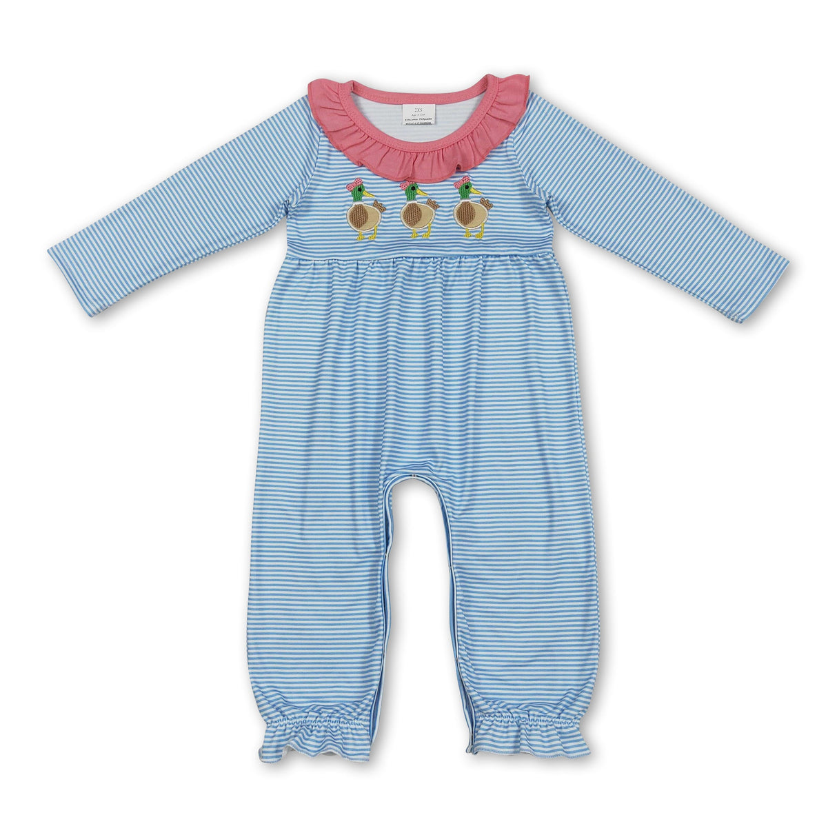 Long sleeves blue stripe duck baby girl romper