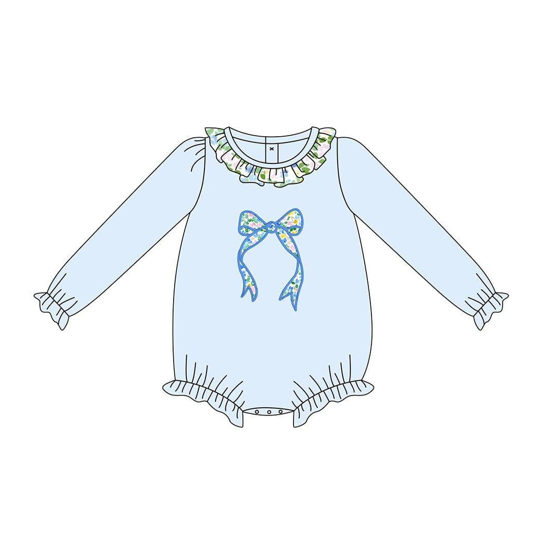 Long sleeves blue plaid floral bows girl romper