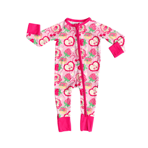 pink strawberry cherry cake print baby long sleeve romper