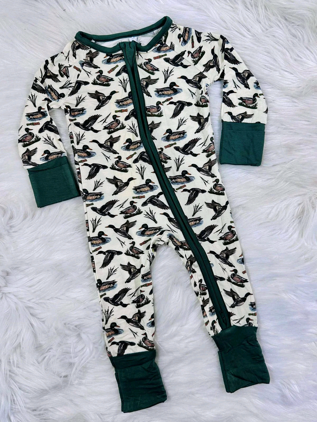 green duck print baby long sleeve zipper romper