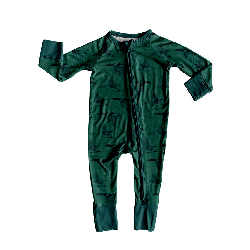 dark green duck print baby long sleeve zipper romper