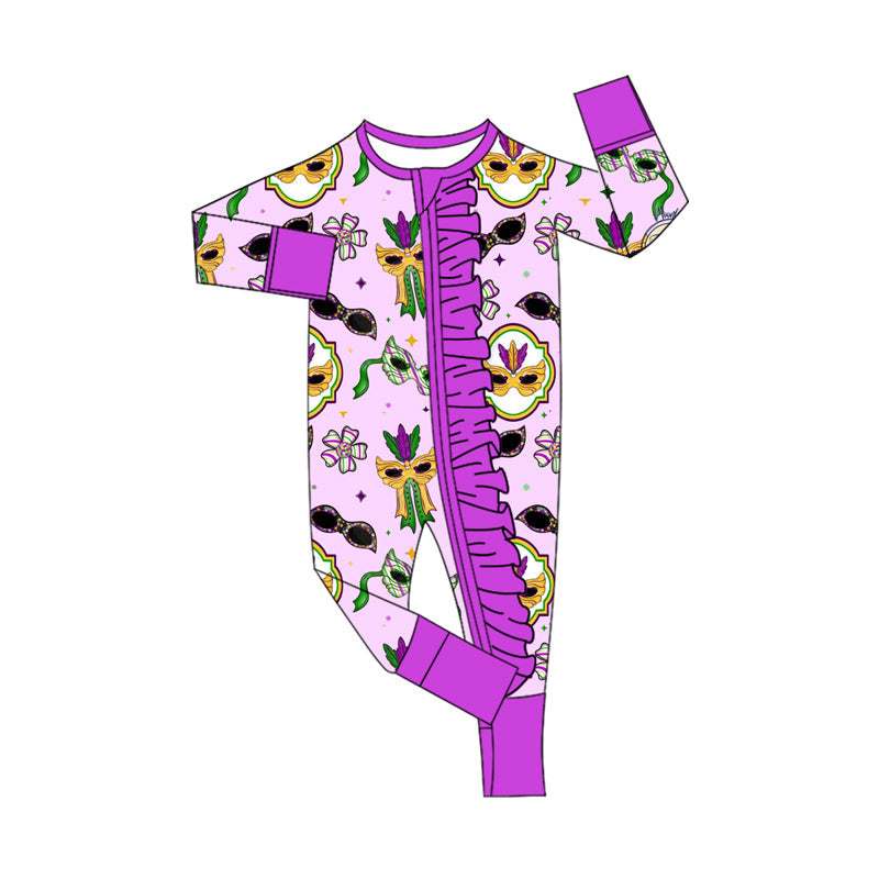 purple mask print baby girl long sleeve romper