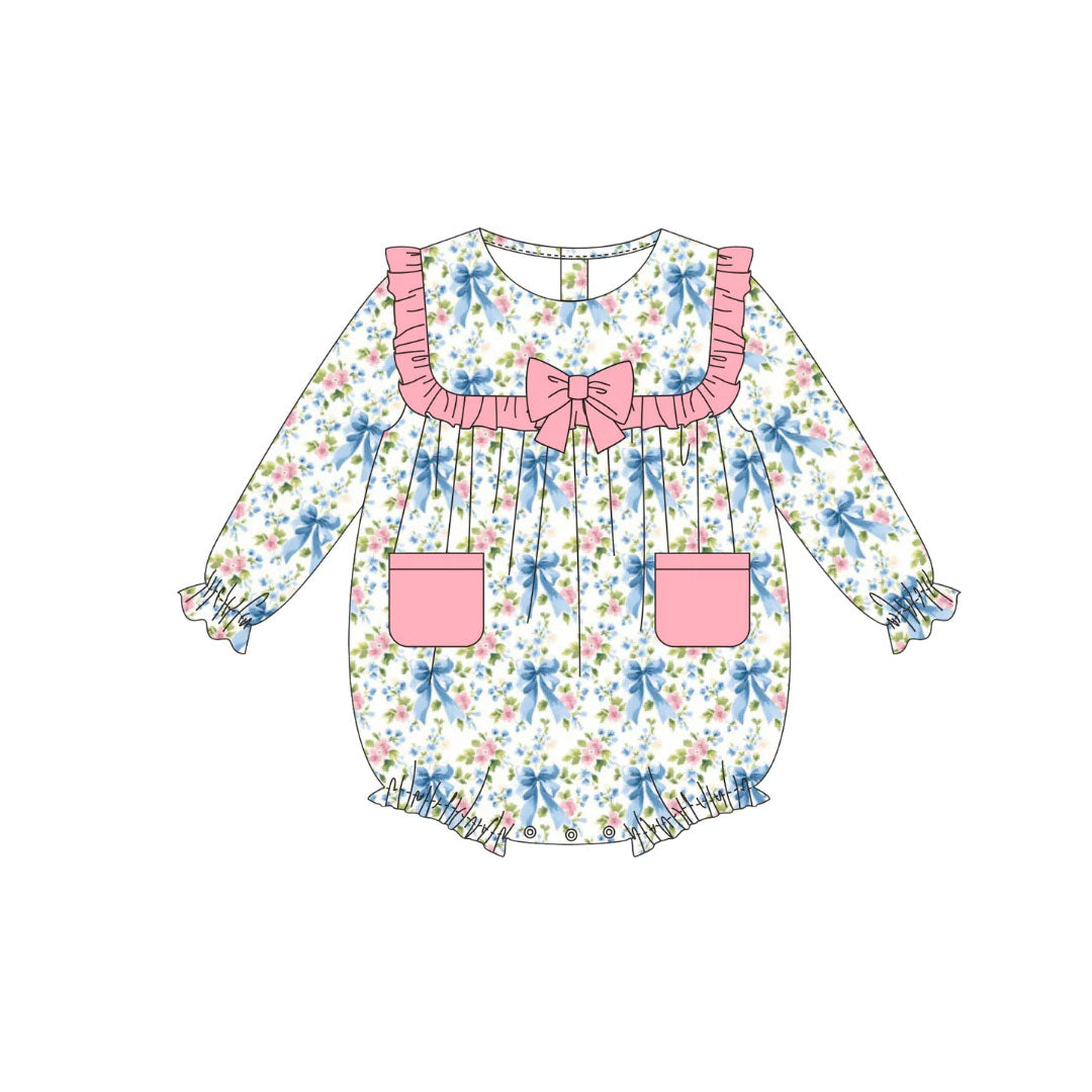 blue bows flowers print baby girl romper