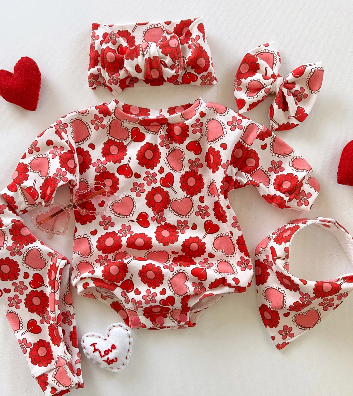 red flowers heart print baby girl long sleeve romper