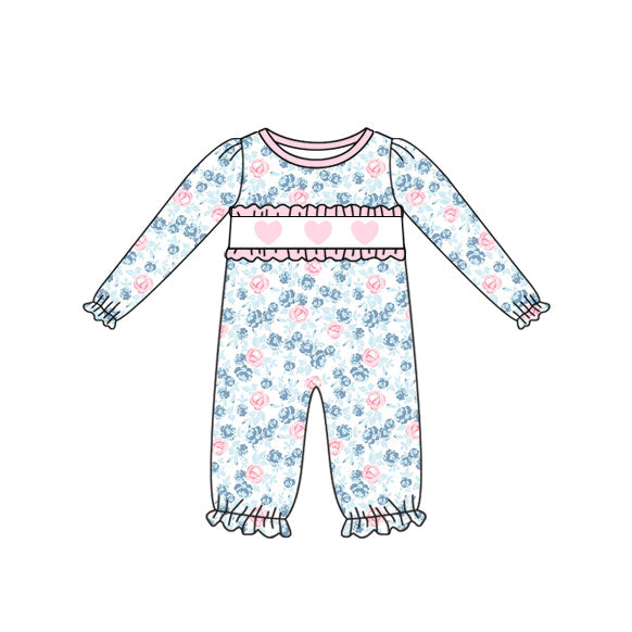 blue flowers heart print baby girl long sleeve romper