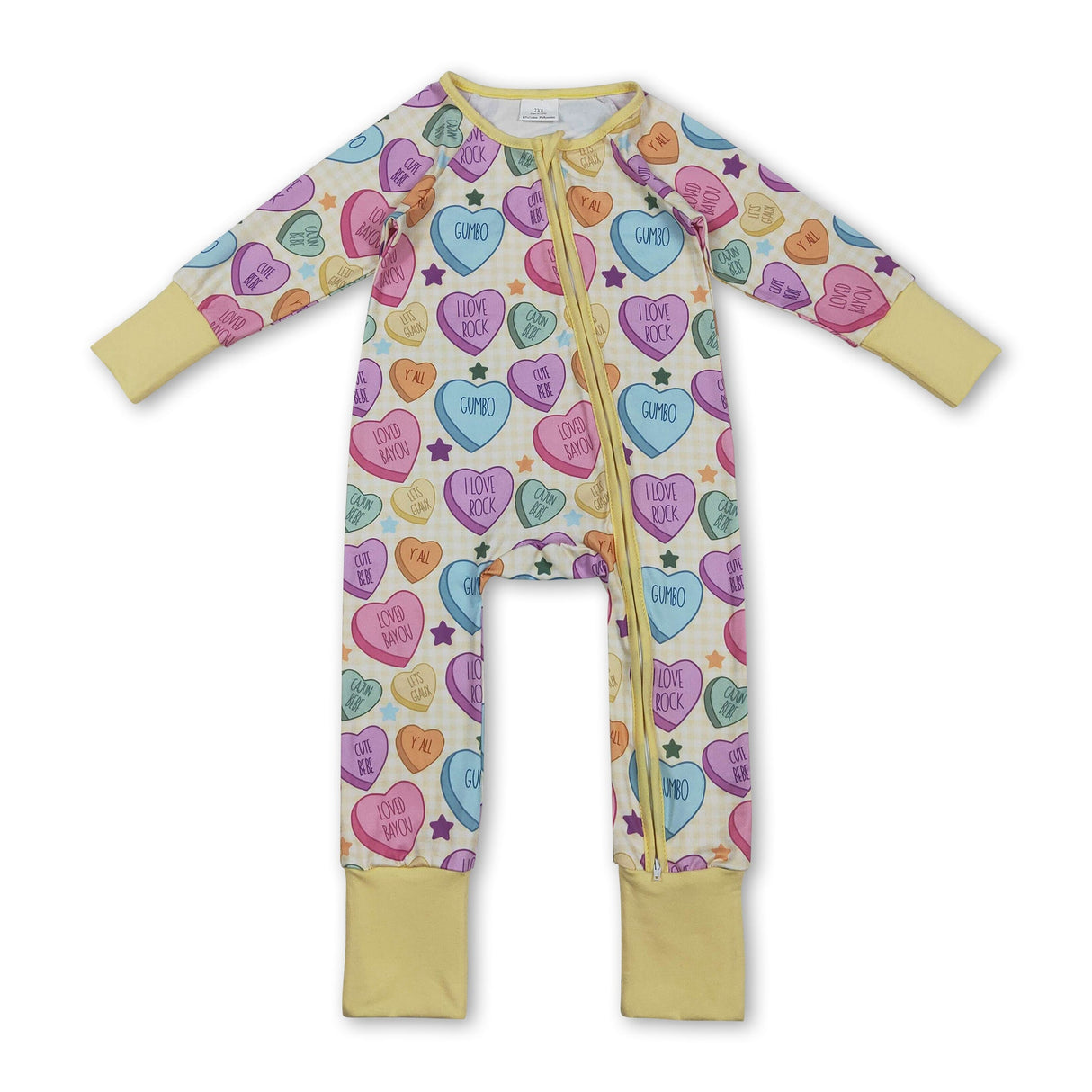 Long sleeves yellow plaid heart baby girls valentine's romper