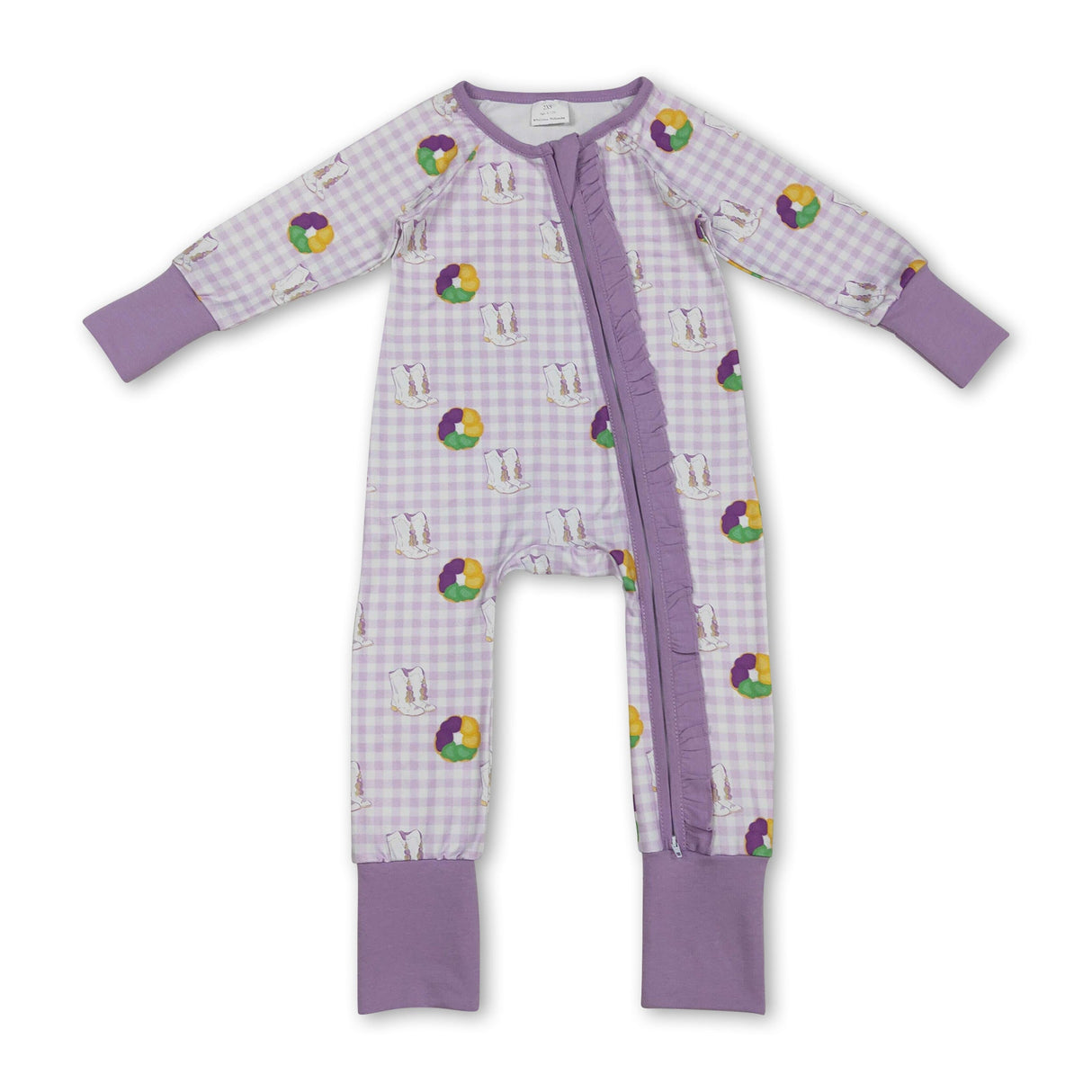Plaid donut boots baby girls Mardi Gras zipper romper