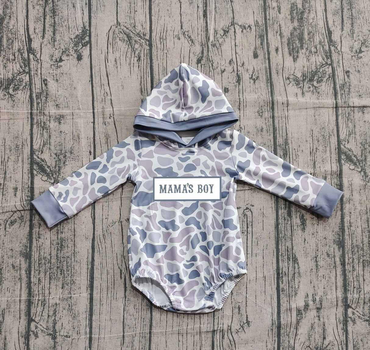 Long sleeves grey camo Mama's boy baby hooded romper