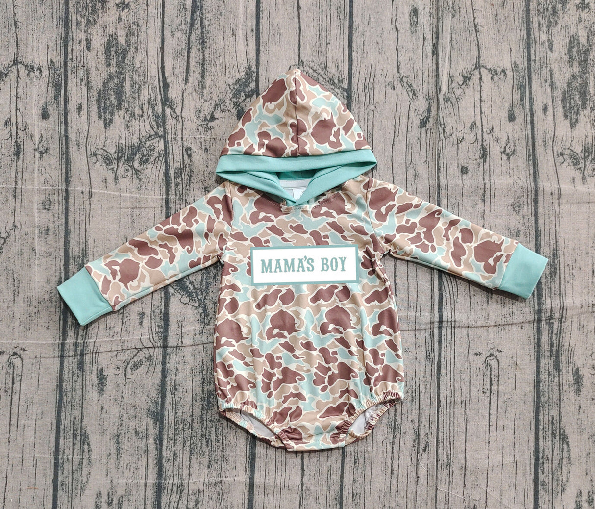 Long sleeves Mama's boy mint camo baby hoodied romper