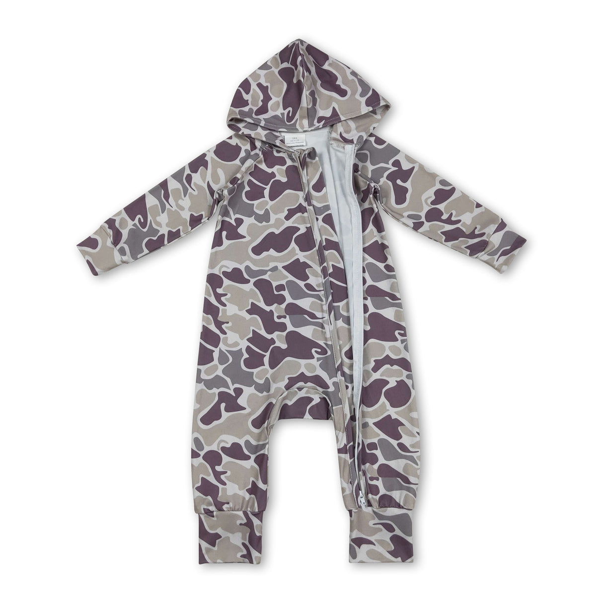 Long sleeves light khaki camo baby hooded zipper romper